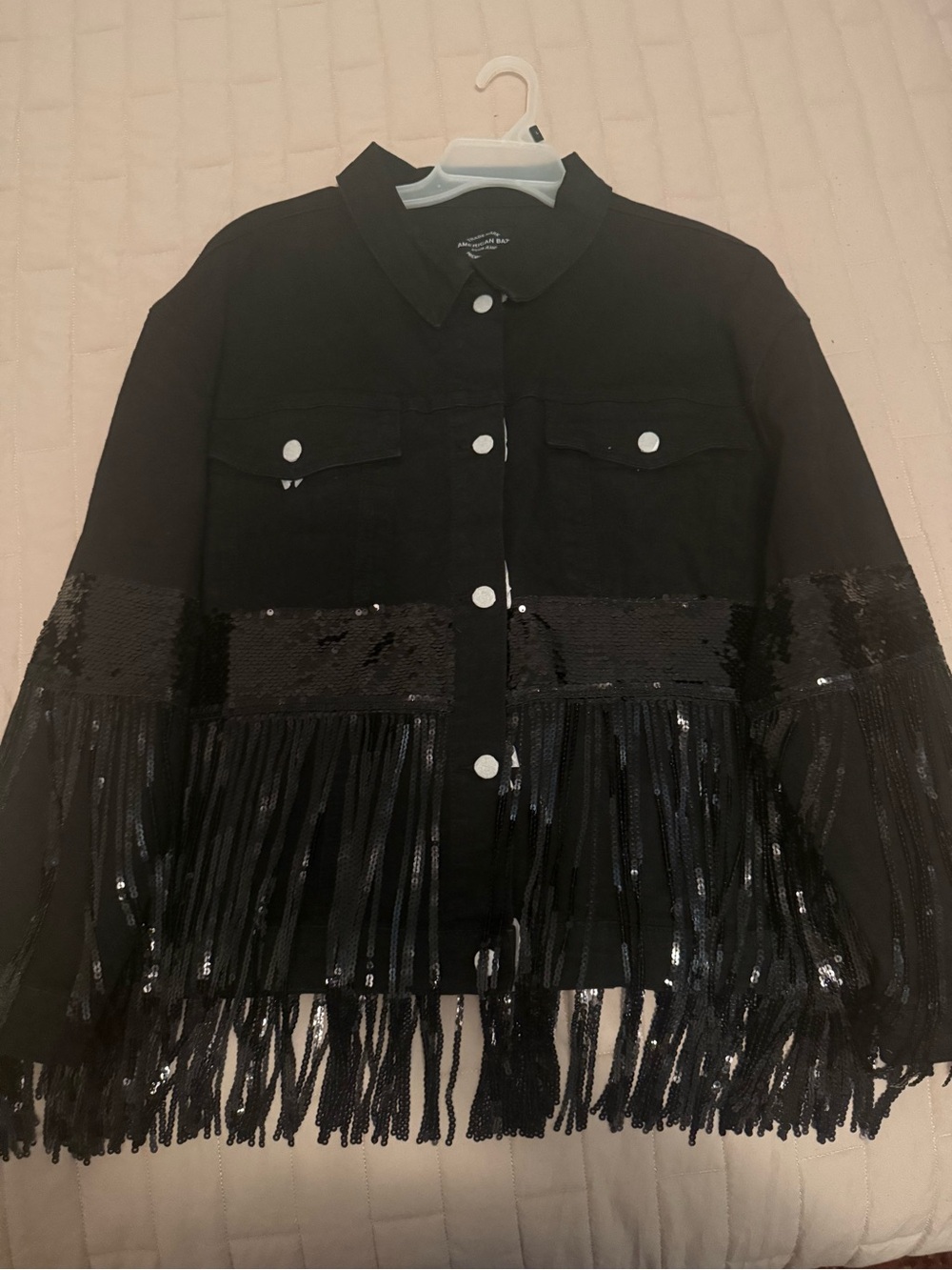 American Bazi Black Sequin Fringe Jean Jacket